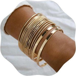 14Pcs Gold Boho Indian Multi Bangle Bracelet Set for Girls Punk Chunky Stackable